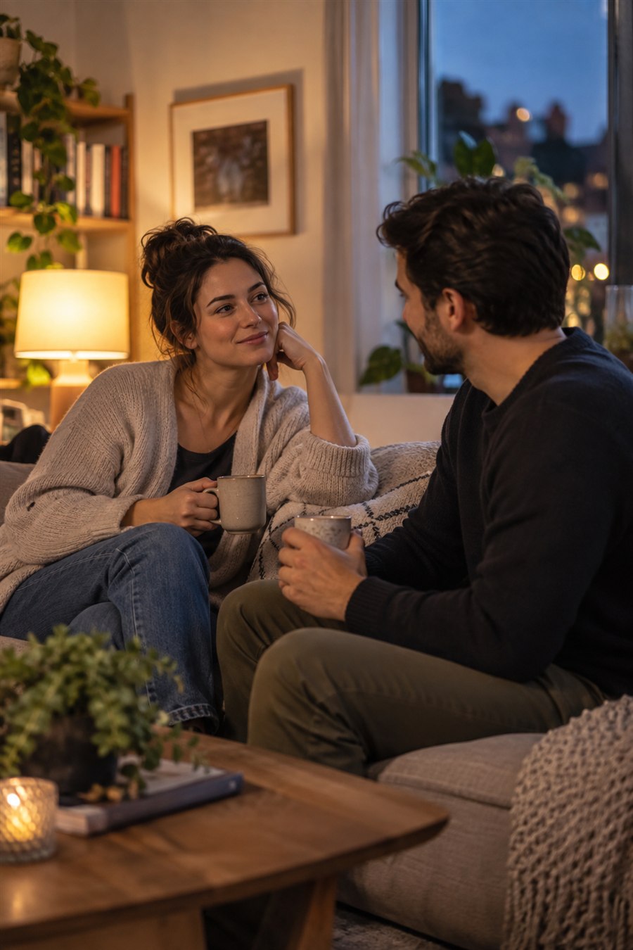 A woman and her partner having an attentive conversation
